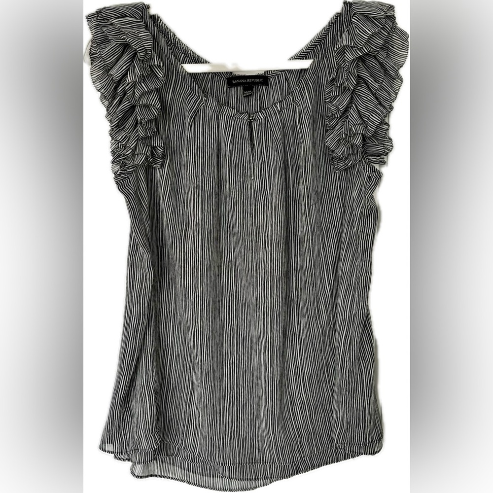 Banana Republic Black & White Striped Ruffle Sleeve Tank